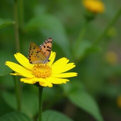 Obraz premium Delicate butterfly perched on a bright yellow flower, surrounded by green leaves and stems, stem, bloom, leaf