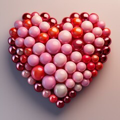 3D Render of a Heart Shape Made from Multicolored Spheres: Pink, Red Glass, and Red Metallic Ornaments.