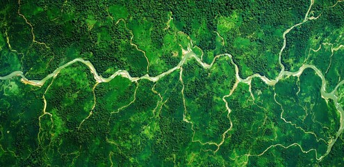 Amazon River Aerial View: A breathtaking aerial shot reveals the Amazon rainforest's intricate network of rivers winding through a vibrant tapestry of lush green foliage.