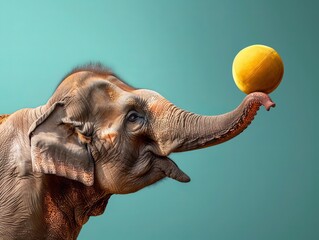An elephant skillfully balancing a yellow ball on its trunk, showcasing its intelligence and playfulness against a teal background. Elephant’s Ephemeral Equilibrium, Paradox of Balance
