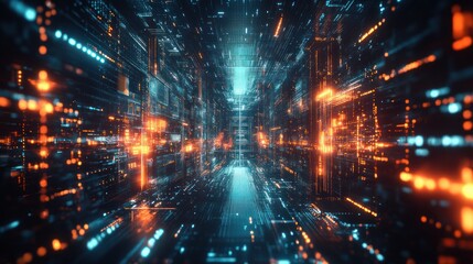 Fototapeta premium Digital data stream flowing through futuristic tunnel (1)