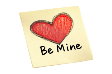 Hand drawn red heart sketch with Be Mine text below placed on a yellow textured paper isolated on white transparent background. Concept of love and affection