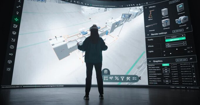 Female Industrial Designer Using Virtual Reality Technology to Optimize a Smart Factory Floor. Young Engineer Experiments with Virtual Layouts, Simulates Production Flows and Manufacturing Process