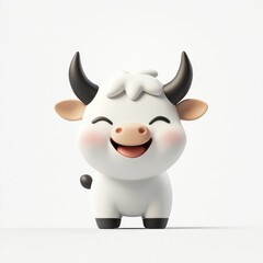 Fototapeta premium Cartoon-style happy cow with a cute smile and small horns, centered on a clean white background