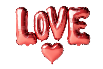 Shiny red foil balloon letters forming the word LOVE isolated on white transparent background. Romantic celebration and Valentine's Day concept