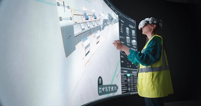 Portrait of a Female Industrial Designer Using Virtual Reality Technology to Optimize a Smart Factory Floor. Young Engineer Experiments with Virtual Layouts and Simulates Production Process