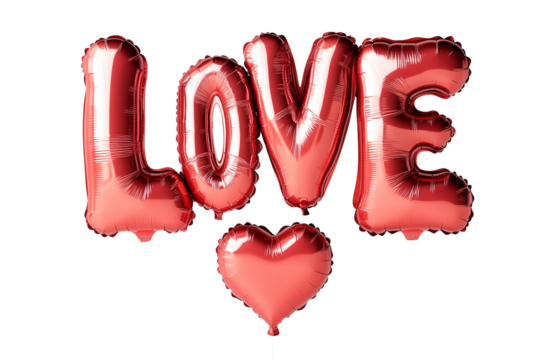 Shiny red foil balloon letters forming the word LOVE isolated on white transparent background. Romantic celebration and Valentine's Day concept