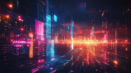 Neon digital city highway sunset, data streams, futuristic