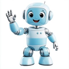 cheerful humanoid robot in pastel blue and silver, waving its hand and showing a happy expression, centered on a clean white background