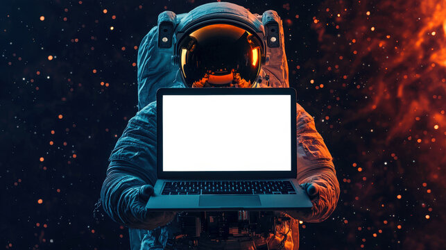 A brave cosmonaut in a spacesuit is flying in outer space and holding a laptop with a white screen in his hands. Laptop mockup. The image looks futuristic and cosmic. Space day