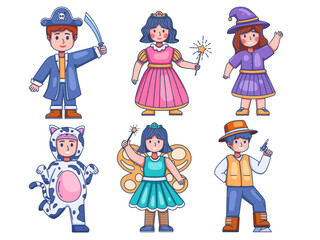 Illustration Children dressed in different costumes, each representing a unique character. From a pirate with a sword, a princess, a witch, a cat costume, a fairy with wings, and a cowboy. 