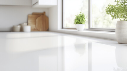 Clean Modern Kitchen Countertop: A pristine white countertop gleams, reflecting sunlight streaming through a large window.