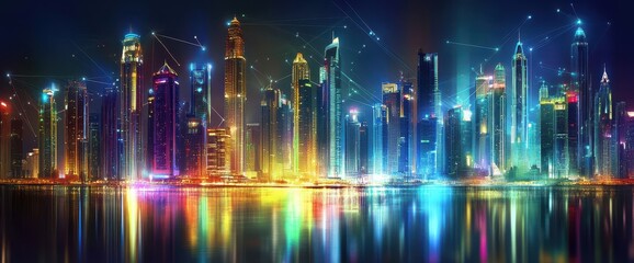 Neon cityscape waterfront night reflection, digital art