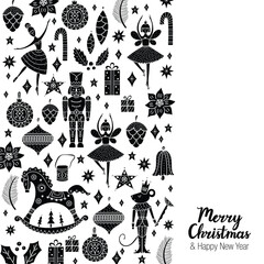 Nutcracker. Cute Christmas greeting card. Black illustration.