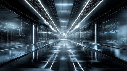 Fototapeta premium Cyberpunk Corridor Wet Floor, Neon Lights, Digital Cityscape, 3D Render, Futuristic Architecture Cyberpunk, Futuristic City