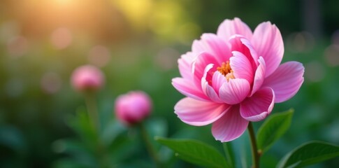 Fototapeta premium Soft pink peony blossoms, lush petals, blurred background, celebration, pretty