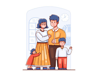 Illustration of a happy family in a cozy home with a father, mother and two children with a warm and happy togetherness.
Perfect for book cover, presentation, web, landing page, etc.
