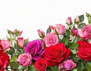 Panoramic view- bouquet of roses, spring blossom. Horizontal border-