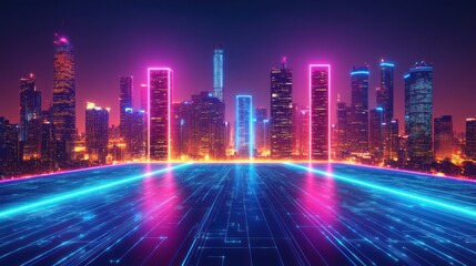 Neon city, digital highway, futuristic cityscape, night
