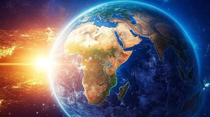 Obraz premium Earthrise Global Network, Africa Focus, Space Composition, Planet Image, Digital Art Global network, Planet Earth