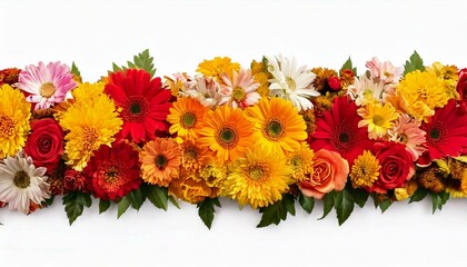 Obraz premium Panoramic view- roses, gerberas, daisies, marigold (tagetes). Horizontal