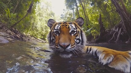 Tiger In Jungle Stream Close Up View