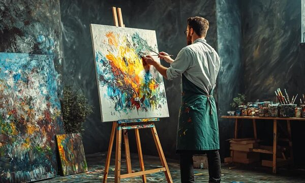 Artist creating vibrant abstract painting in studio space