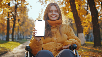 Mobile applications for the disabled. Phone mockup. A beautiful young disabled woman in a wheelchair holds a stylish fashionable phone with an empty white screen in her hand