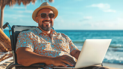 A confident, positive businessman with a disability is working on a laptop on the beach by the ocean. The struggle for the rights of the disabled. The concept of treatment and rehabilitation