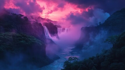 Obraz premium Majestic waterfall at sunset, lush rainforest, mist, vibrant colors, travel photography