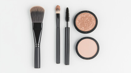 Makeup Essentials Flatlay: A stylish flatlay showcasing a foundation brush, angled brush, mascara, and two pressed powder compacts, arranged against a clean backdrop.