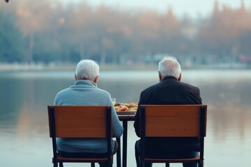 Two Elderly Men Enjoying a Quiet Meal by a Serene Lake During a Golden Hour