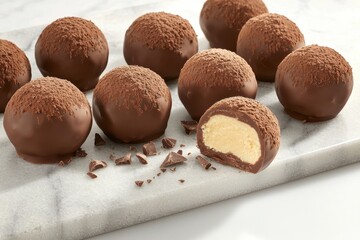 Dark Chocolate Truffles on a Marble Slab Perfectly round truffles coated in cocoa powder, with one cut open to reveal a creamy chocolate center. Fine chocolate shavings complete the luxurious