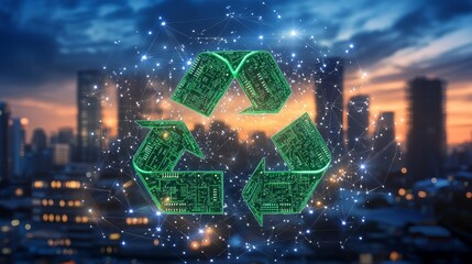 Obraz premium Green Tech Recycling Circuit Board Arrows in Cityscape, Sustainable Technology, Eco-Friendly Design e-waste, circular economy