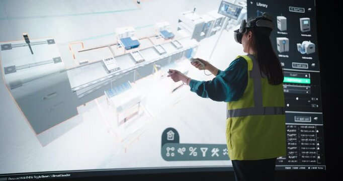 Manufacturing Female Engineer Activates a VR Software in Order to Optimize Production Flow in a Simulated Factory Environment. Specialist in High-Visibility Vest Improving the Manufacturing Process