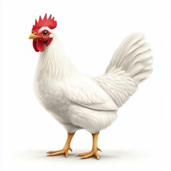 Fototapeta premium Classic white farm chicken standing with a bright red comb, isolated on a clean white background
