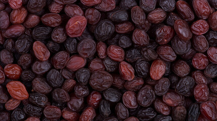 Dried Raisins Close Up: A rich tapestry of dark and light red raisins fills the frame, showcasing the texture and color variations of these dried fruits.  The image is ideal for food blogs, packaging.