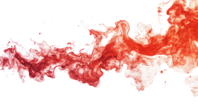 Red ink swirling in water creating abstract shapes on transparent background