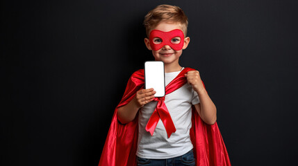 A cute white little boy in a red raincoat and mask holds a white-screen mobile phone in his hand. The superhero kid is a symbol of the fight against AIDS. Phone mockup. Presentation of the mobile app
