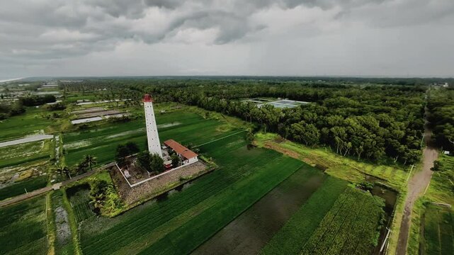 Aerial FPV drone footage of a lighthouse at Pademang Beach, Kebumen, Indonesia
