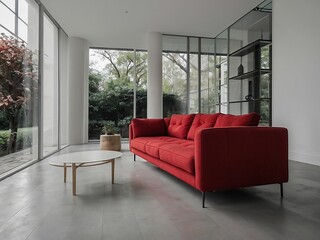 Stylish Modern Living Room with Red  Sofa Elegant Home Decor and Cozy Vibes
