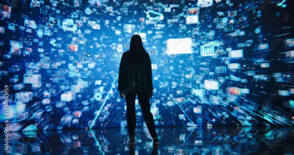 Aufkleber Young Woman Standing Before a Dynamic Digital Screen, Immersed in Internet Visualization. Internet Cyberspace with Web Content, Icons, Animated Stream of Online Applications and Entertainment