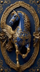 A royal vintage coat of arms featuring a majestic blue and golden horse with intricately detailed wings. This emblem symbolizes strength, nobility, and heritage, embodying timeless elegance and power