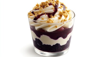 Layered dessert with blueberry sauce, cream, and crumble topping in glass