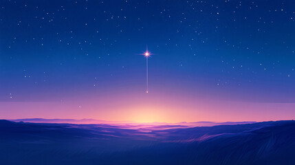 Obraz premium A radiant star descends towards the horizon over a vast landscape bathed in soft twilight hues blending into a deep blue celestial sky 