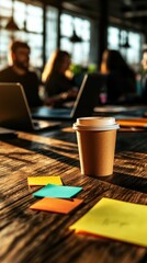 Warm Sunlit Workspace with Coffee Cup and Colorful Sticky Notes on Wooden Table during Team Meeting