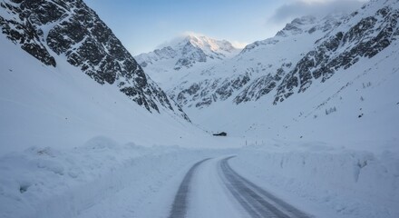Obraz premium Snowy Mountain Road Winding Through Winter Landscape