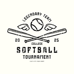 Softball college team typographic emblem with rough texture. Thin line style design for t-shirt. Black print on white background