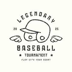 Baseball tournament typographic emblem with rough texture. Thin line style design for t-shirt. Black print on white background