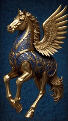 Fototapeta premium A royal vintage coat of arms featuring a majestic blue and golden horse with intricately detailed wings. This emblem symbolizes strength, nobility, and heritage, embodying timeless elegance and power